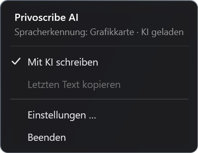 Das Menü von Privoscribe AI mit dem Haken bei Mit KI schreiben