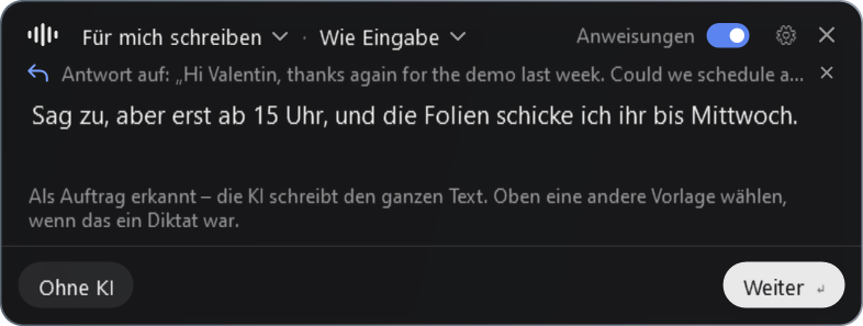 Die Karte mit „Antwort auf“ einer kopierten englischen Mail und dem gesprochenen Auftrag