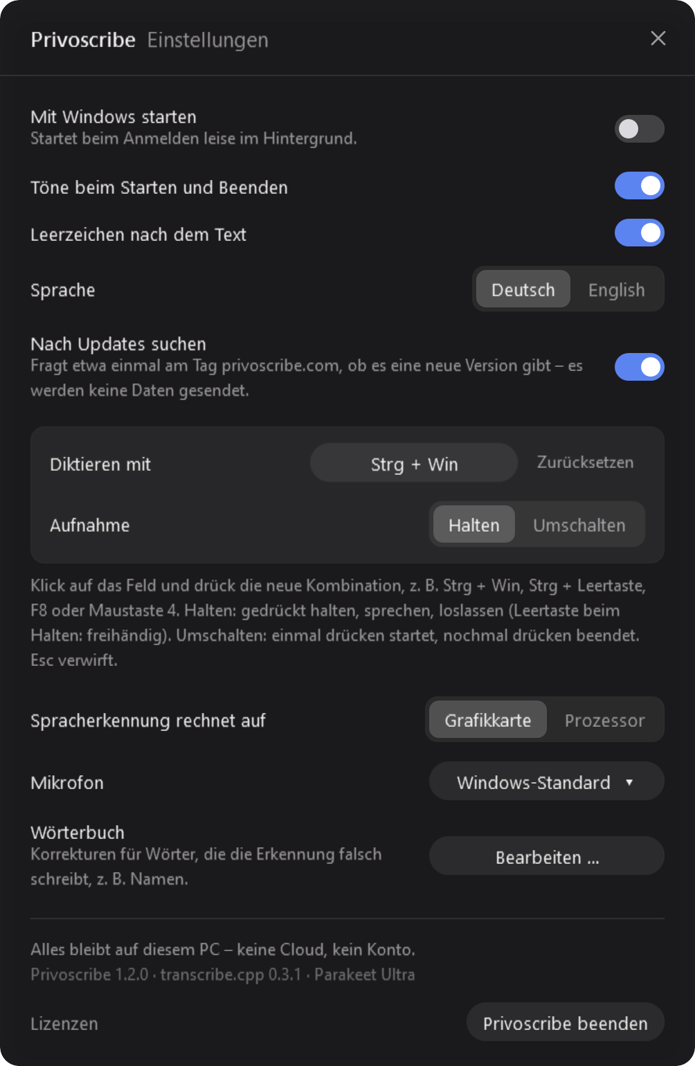Die Einstellungen von Privoscribe