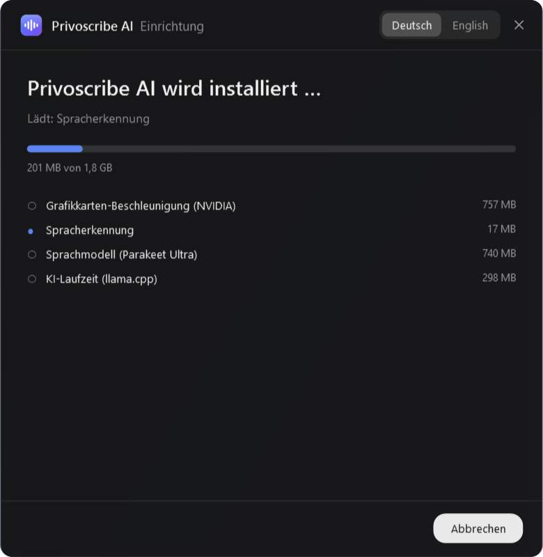 Der Installer von Privoscribe AI lädt: Grafikkarten-Beschleunigung (NVIDIA), Spracherkennung, Sprachmodell (Parakeet Ultra) und KI-Laufzeit (llama.cpp).