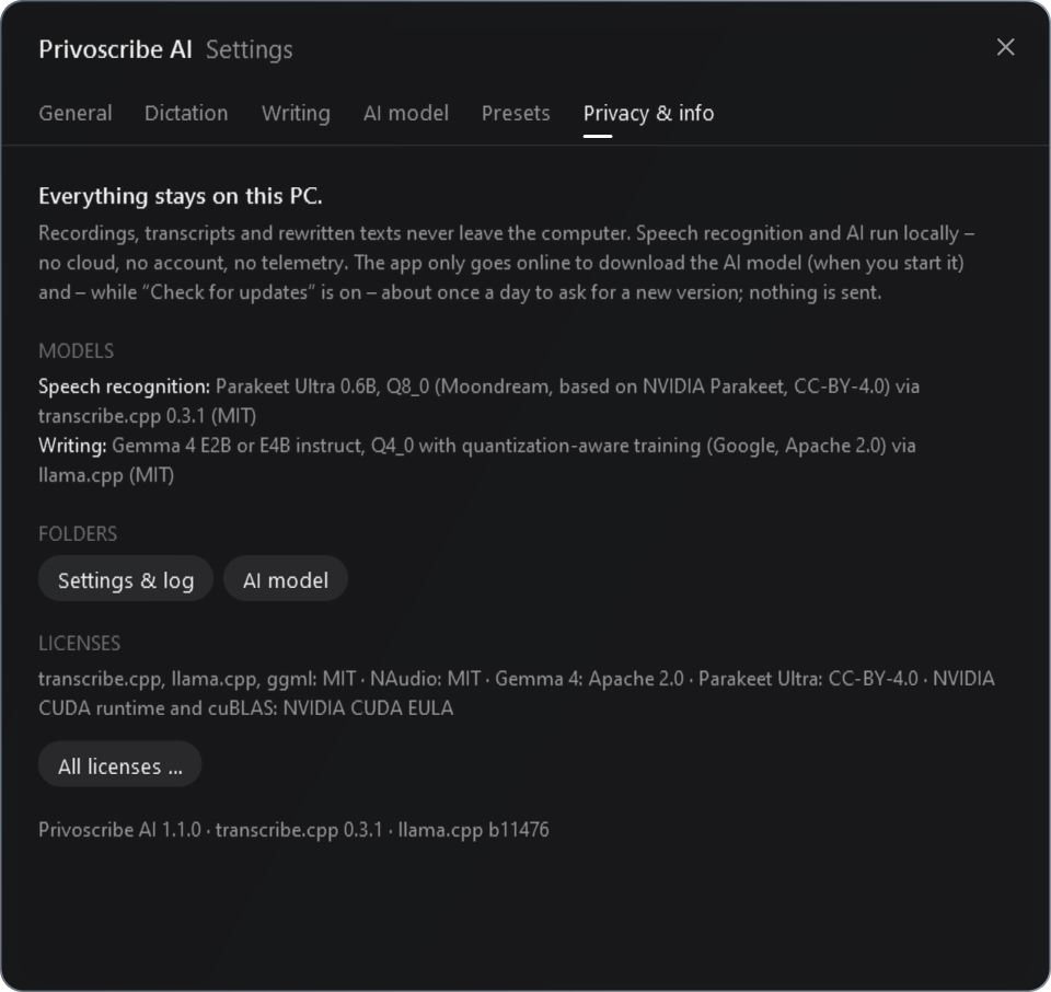 Privoscribe AI settings, page Privacy & info: Everything stays on this PC.