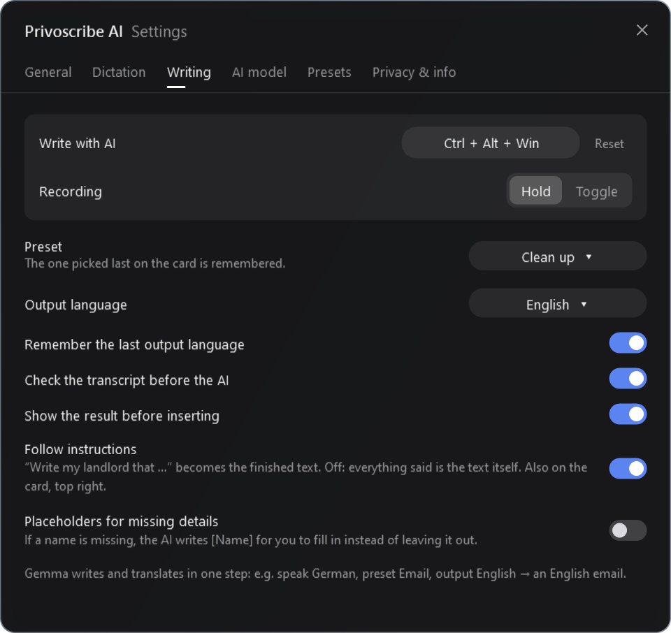 Privoscribe AI settings, page Writing: the shortcut Ctrl + Alt + Win, preset, output language and switches